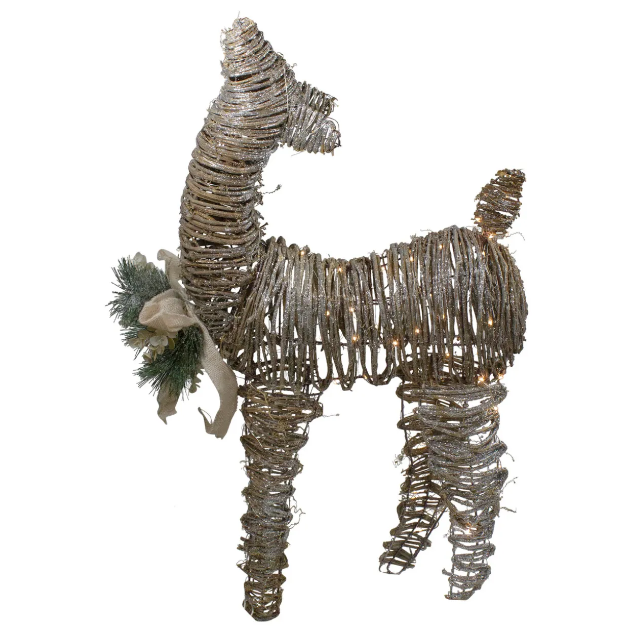 32" 3D Pre-Lit Standing Rattan Reindeer with Ivory Bow and Pine Boughs and Cones Outdoor Christmas Decoration