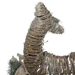 32" 3D Pre-Lit Standing Rattan Reindeer with Ivory Bow and Pine Boughs and Cones Outdoor Christmas Decoration