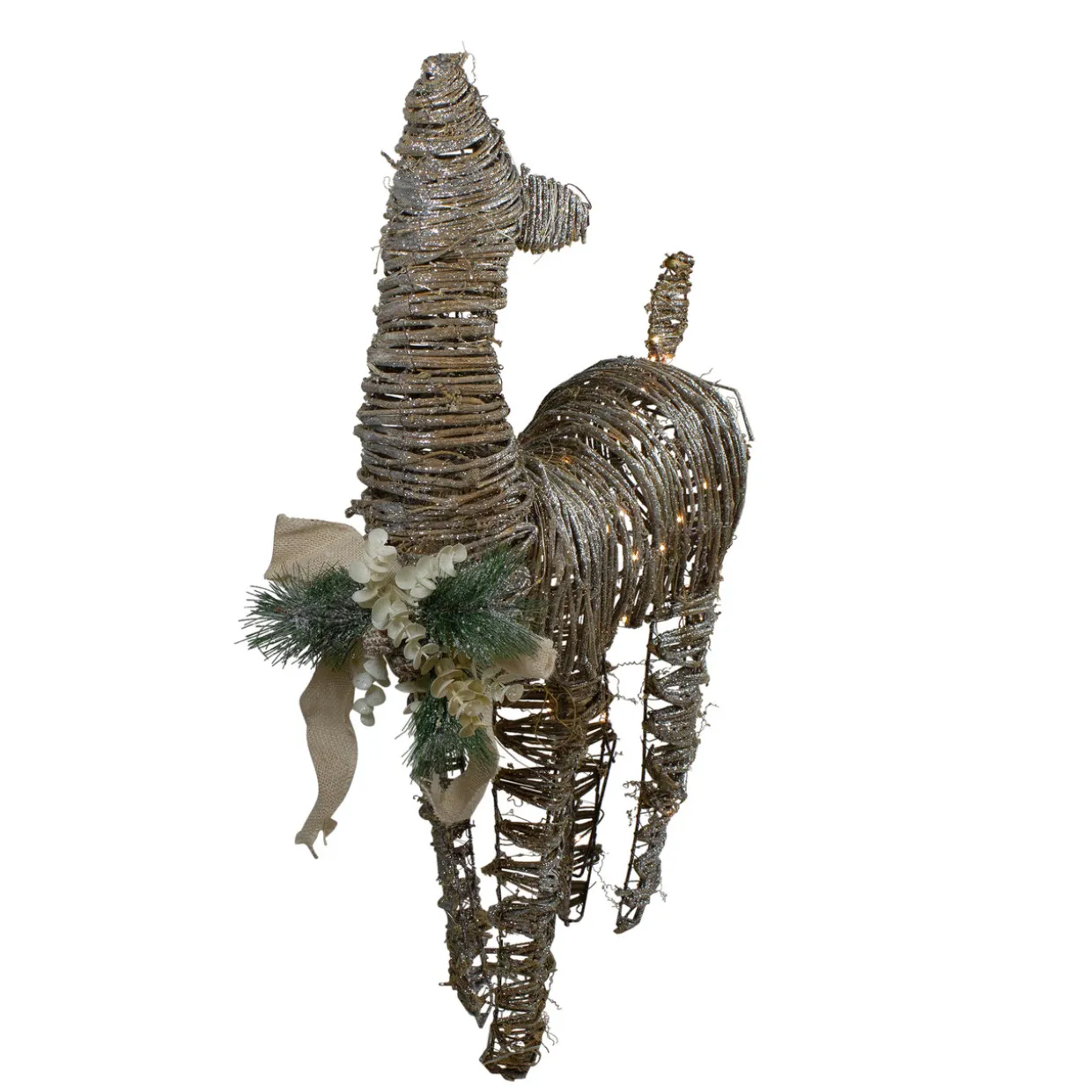 32" 3D Pre-Lit Standing Rattan Reindeer with Ivory Bow and Pine Boughs and Cones Outdoor Christmas Decoration