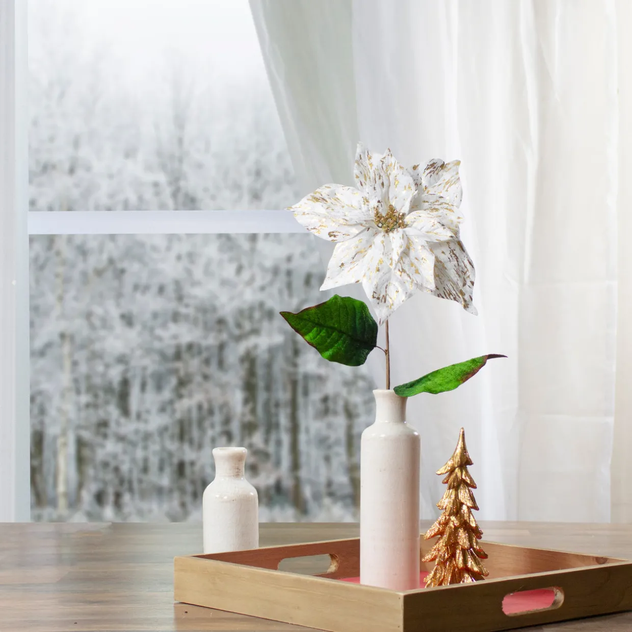 24" White and Gold Artificial Christmas Poinsettia Flower