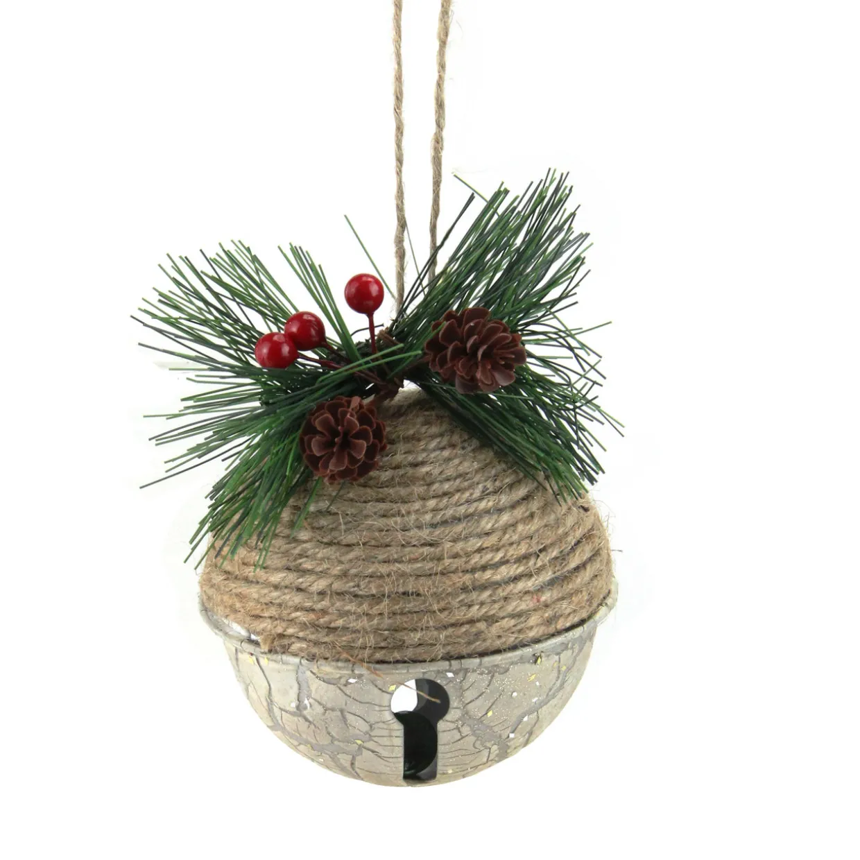 5" Acorn Jingle Bell with Holly Berry and Pine Cones Christmas Ornament