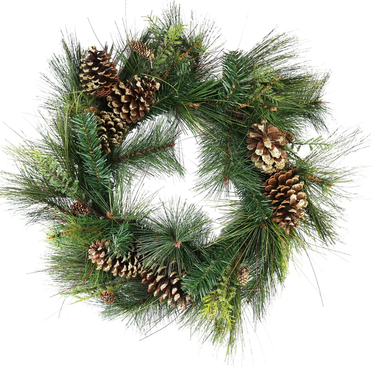 30" Artificial Mixed Pine with Pine Cones and Gold Glitter Christmas Wreath - Unlit