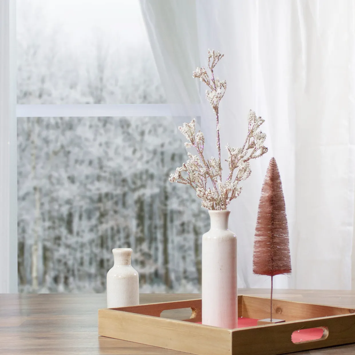 30" Artificial White and Champagne Gold Beaded Twig Christmas Spray