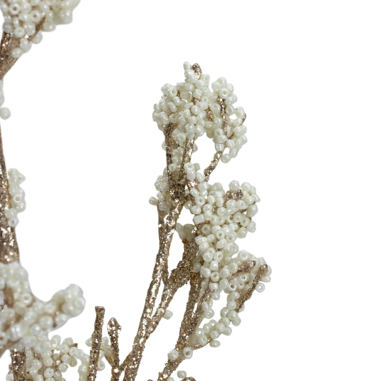 30" Artificial White and Champagne Gold Beaded Twig Christmas Spray