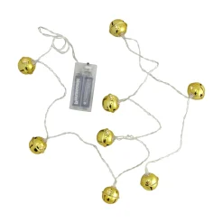 8 Battery Operated Gold LED Jingle Bell Christmas Lights - Clear Wire