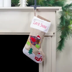 19" Beige and Red Burlap "Let It Snow" Bird Christmas Stocking