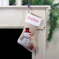 19" Beige and Red Burlap "Merry Christmas" Snowman Christmas Stocking