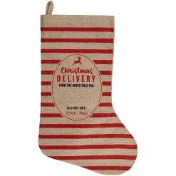 19" Beige and Red Striped "Christmas Delivery" Stocking With Loop