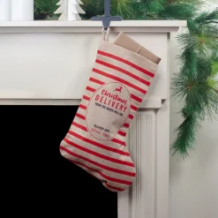 19" Beige and Red Striped "Christmas Delivery" Stocking With Loop