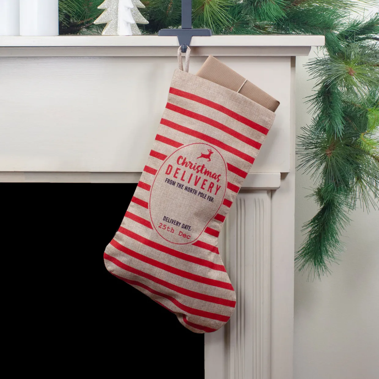 19" Beige and Red Striped "Christmas Delivery" Stocking With Loop