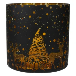 6" Black and Gold Deer and Pine Trees Flameless Glass Candle Holder