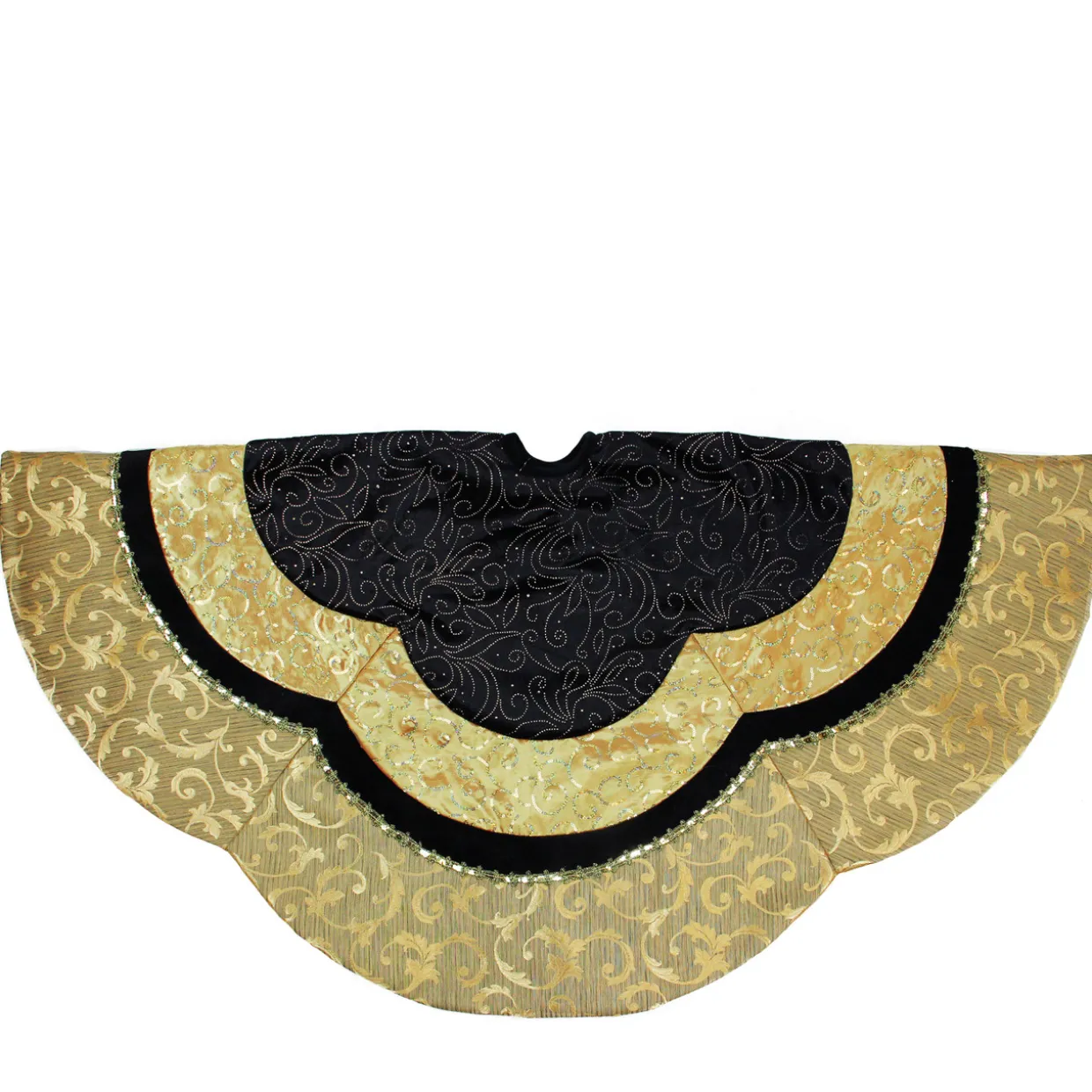 48" Black and Gold Velveteen Floral Scallop Christmas Tree Skirt
