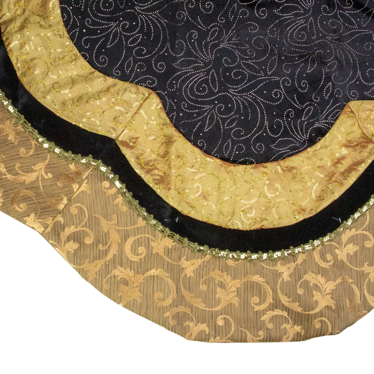 48" Black and Gold Velveteen Floral Scallop Christmas Tree Skirt