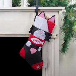19.5" Black and Red Embroidered Kitty Cat Christmas Stocking