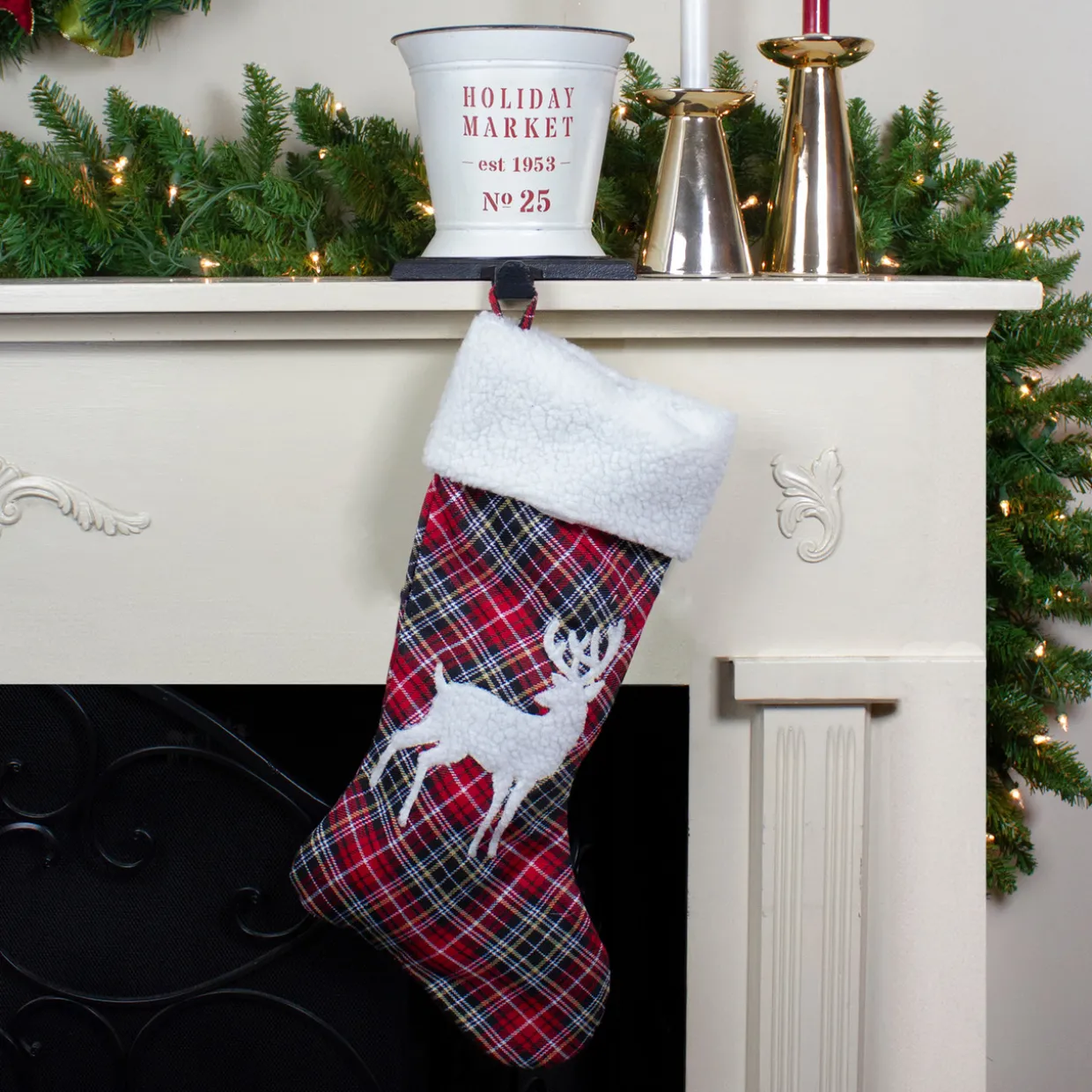 20" Black and Red Tartan Reindeer Christmas Stocking with Cuff