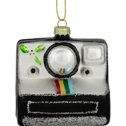 3" Black and Silver Retro Instant Camera Glass Christmas Ornament