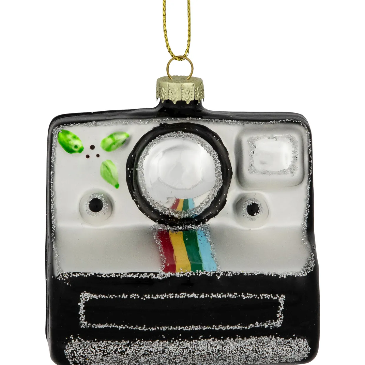 3" Black and Silver Retro Instant Camera Glass Christmas Ornament
