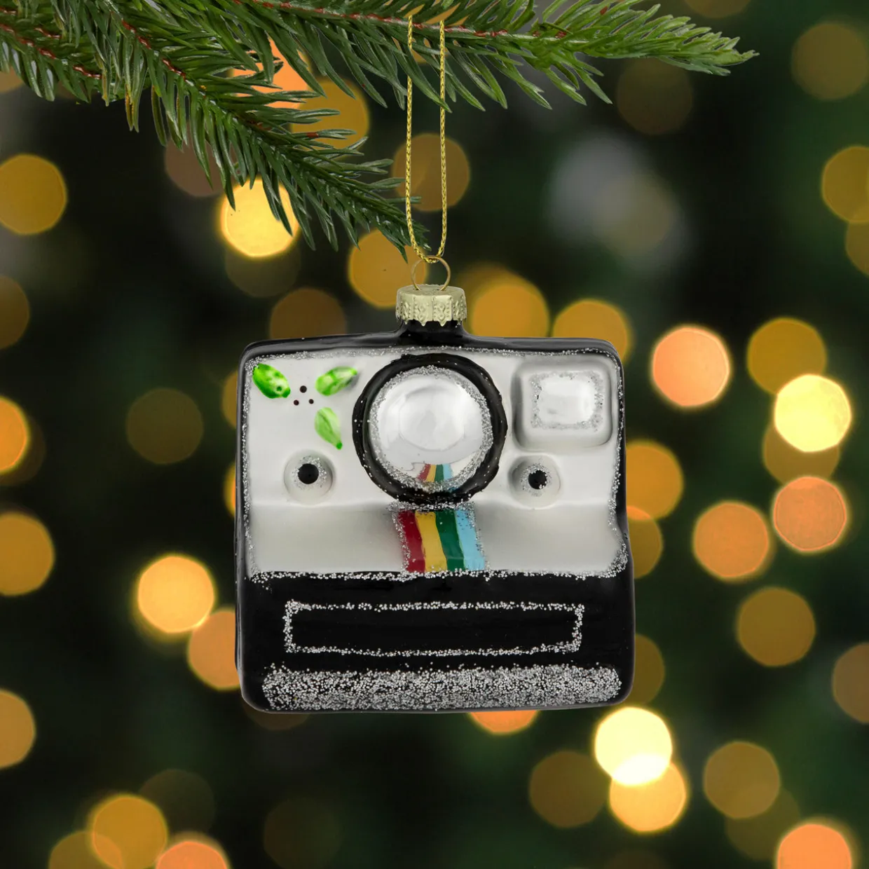 3" Black and Silver Retro Instant Camera Glass Christmas Ornament