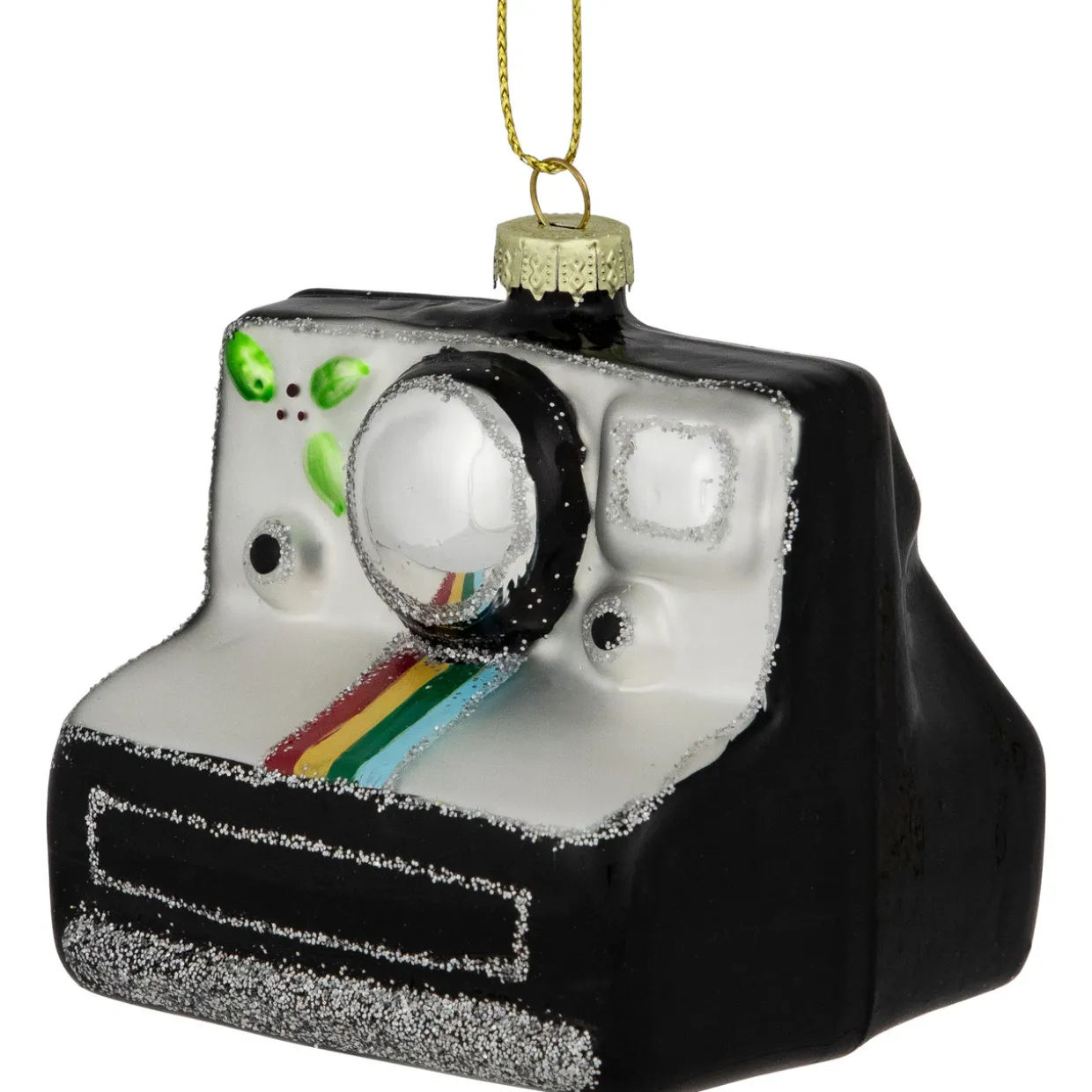 3" Black and Silver Retro Instant Camera Glass Christmas Ornament