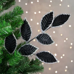 26" Black and Silver Sequin Leaves Christmas Spray