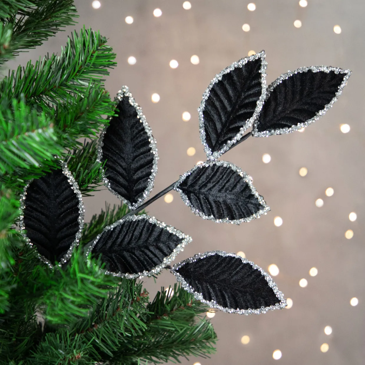 26" Black and Silver Sequin Leaves Christmas Spray