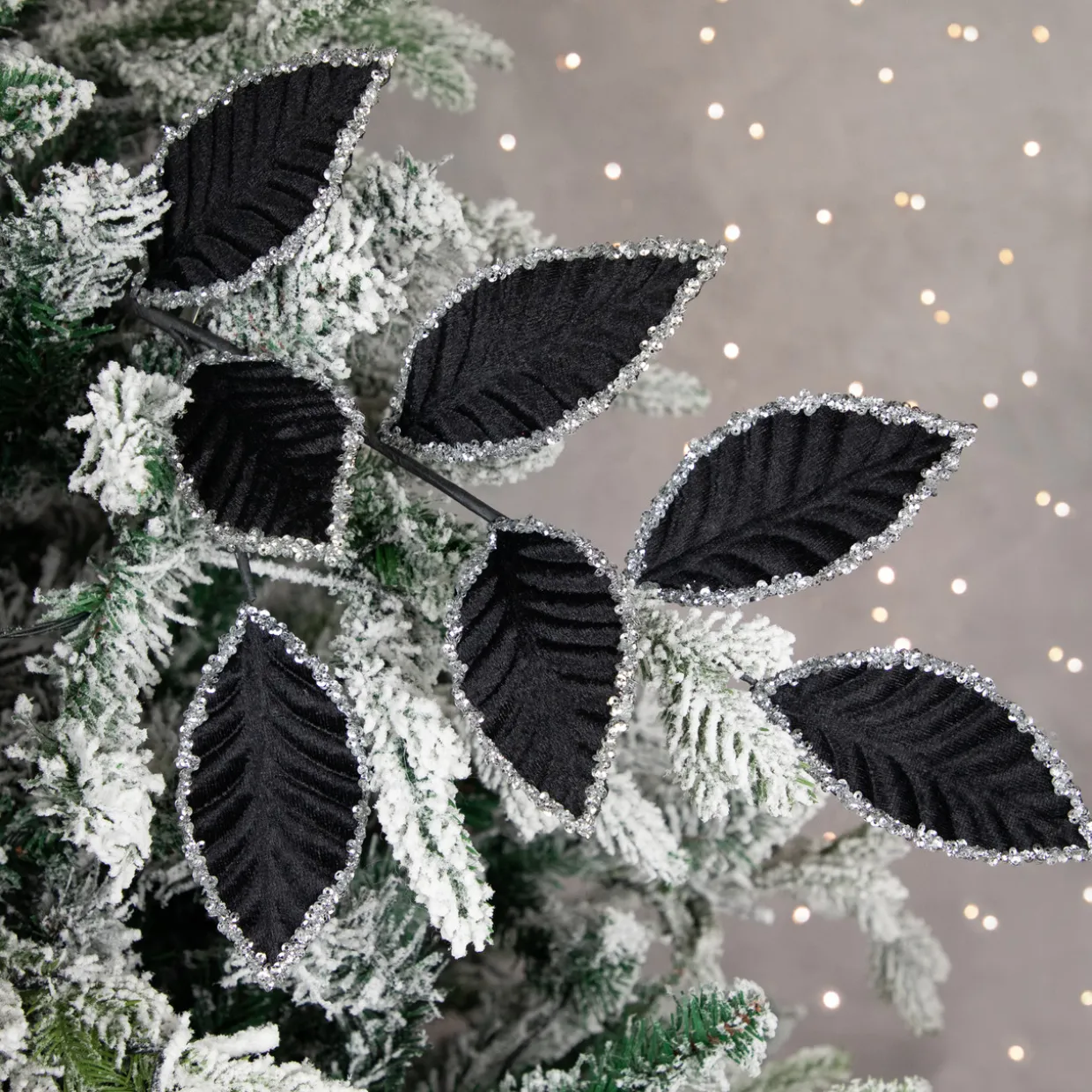 26" Black and Silver Sequin Leaves Christmas Spray