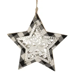 5" Black and White Buffalo Plaid Star with Reindeer Christmas Ornament