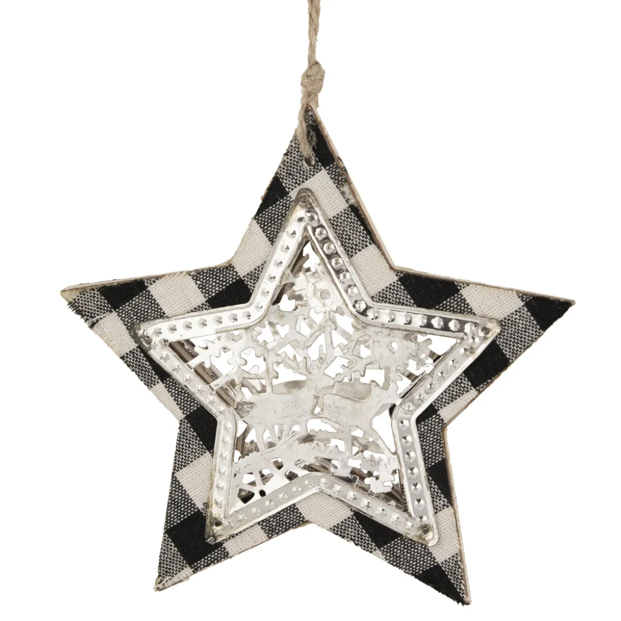 5" Black and White Buffalo Plaid Star with Reindeer Christmas Ornament