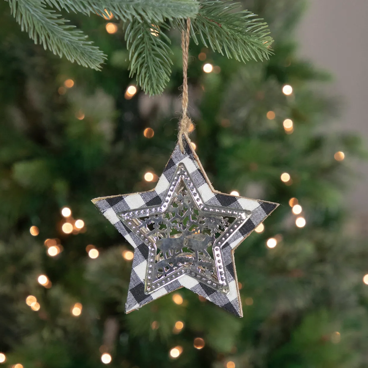 5" Black and White Buffalo Plaid Star with Reindeer Christmas Ornament