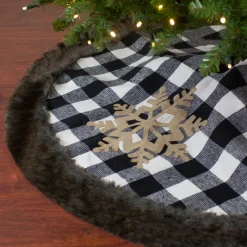 48" Black and White Buffalo Plaid Christmas Tree Skirt with Burlap Snowflake
