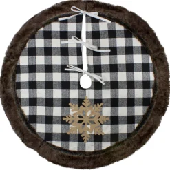 48" Black and White Buffalo Plaid Christmas Tree Skirt with Burlap Snowflake