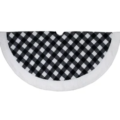 48" Black and White Buffalo Plaid Christmas Tree Skirt with High Pile Fleece Trim
