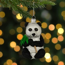 4" Black and White Glittered Panda Glass Christmas Hanging Ornament