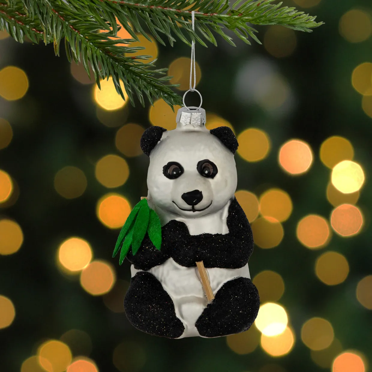 4" Black and White Glittered Panda Glass Christmas Hanging Ornament
