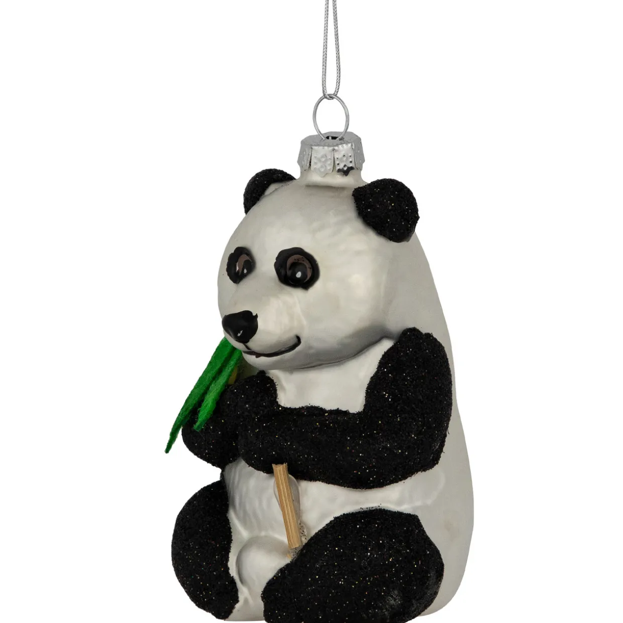 4" Black and White Glittered Panda Glass Christmas Hanging Ornament
