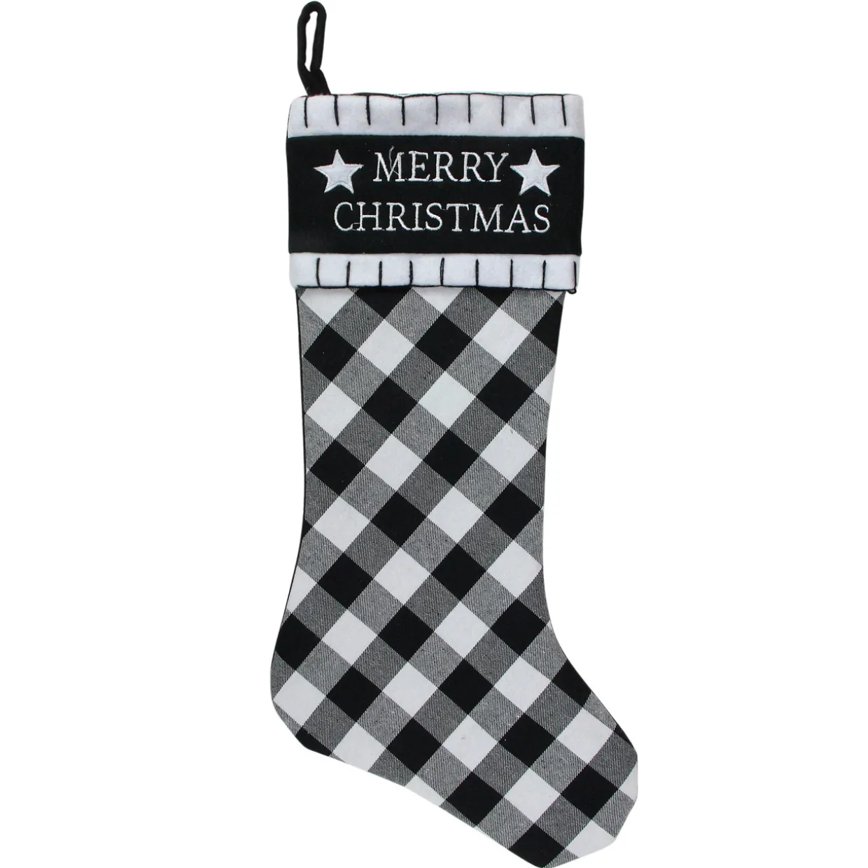 20.5" Black and White "Merry Christmas" Christmas Stocking with Blanket Stitch Cuff