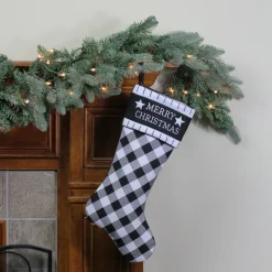 20.5" Black and White "Merry Christmas" Christmas Stocking with Blanket Stitch Cuff