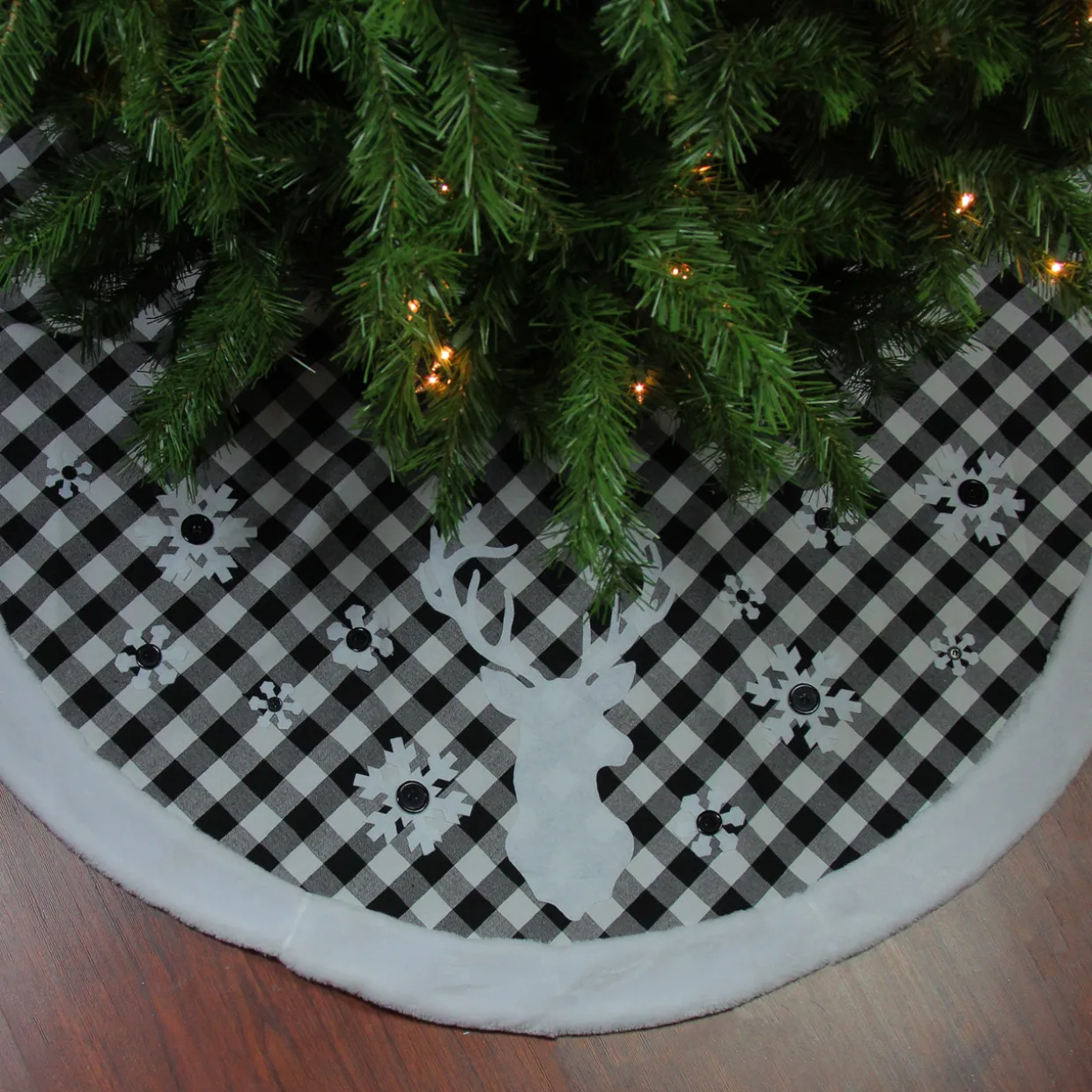 48" Black and White Plaid Reindeer Christmas Tree Skirt