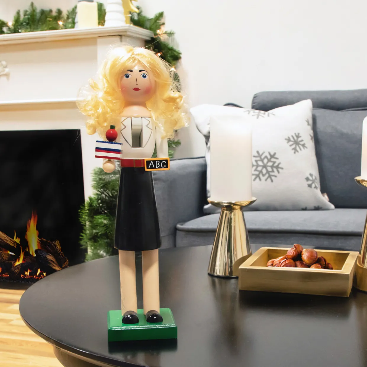 14" Black and White Wooden Teacher Christmas Nutcracker