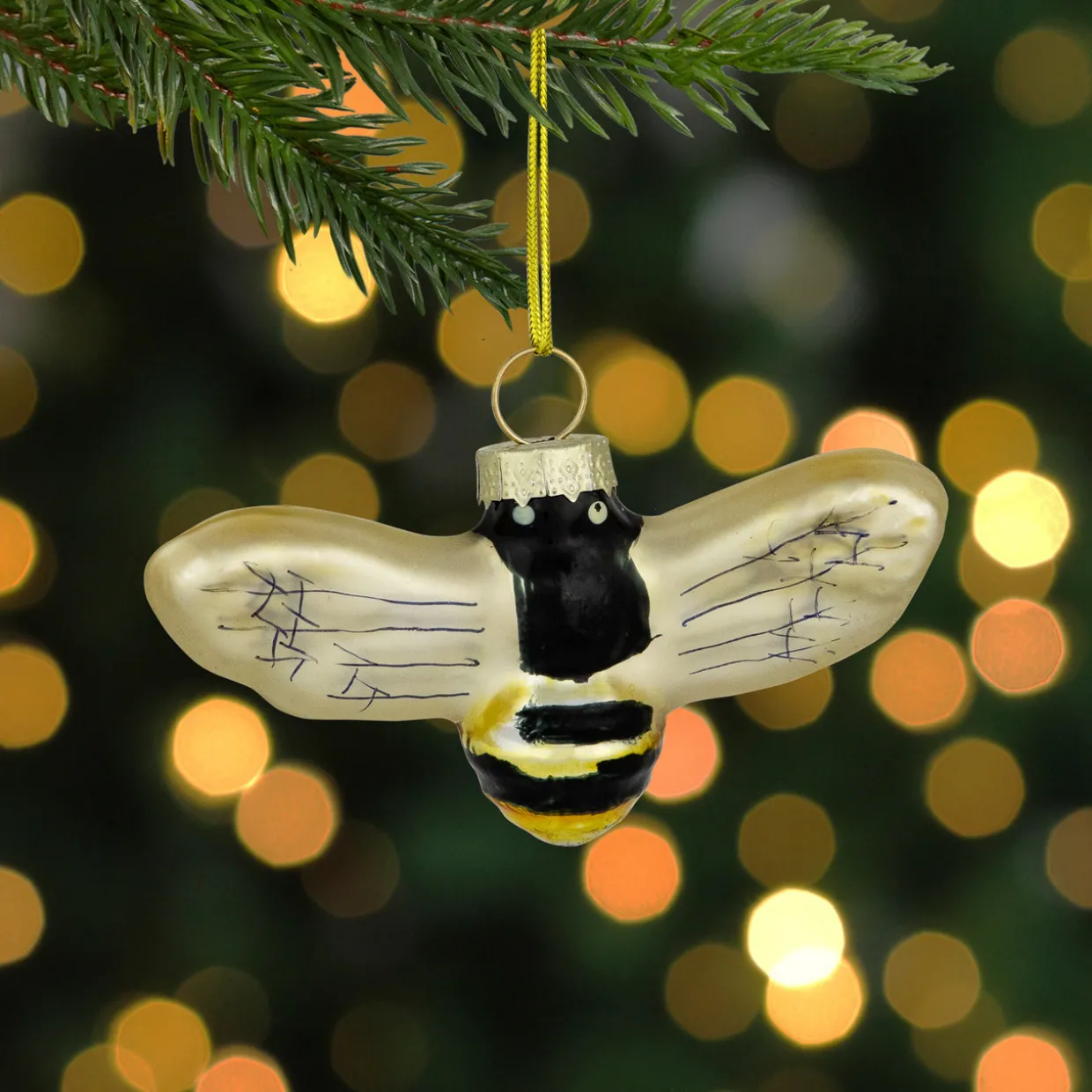 3.25" Black and Yellow Bee Glass Christmas Ornament