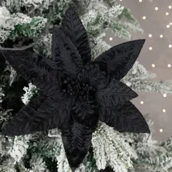 25" Black Glittered Poinsettia Christmas Floral Stem Spray