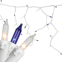 50 Blue and Clear Mini Window Curtain Icicle Christmas Lights - 2.6 ft White Wire