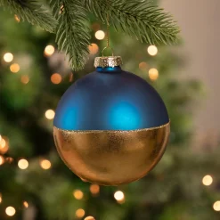 3.5" Blue and Gold Glass Ball Christmas Ornament