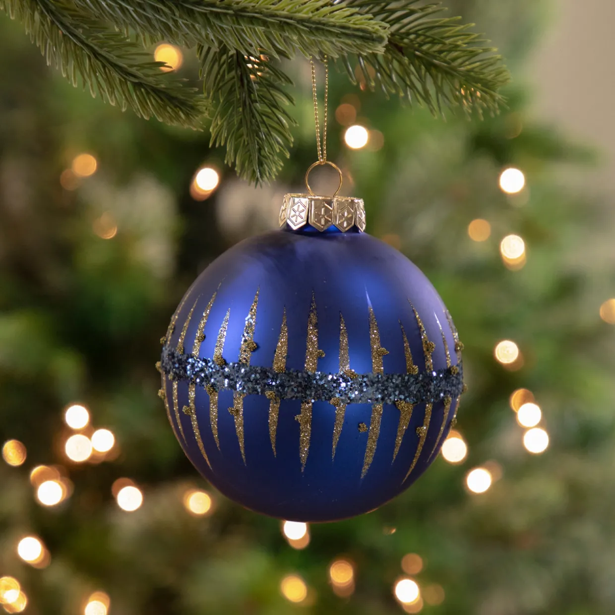 4" Blue and Gold Glitter Glass Ball Christmas Ornament