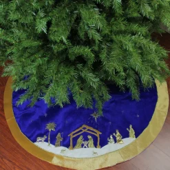48" Blue and Gold Nativity Scene Christmas Tree Skirt with Gold Border