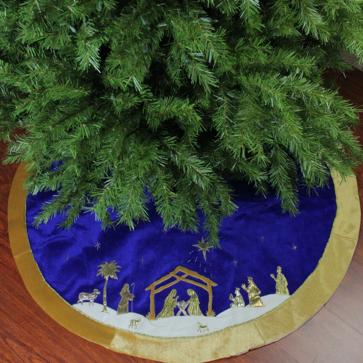 48" Blue and Gold Nativity Scene Christmas Tree Skirt with Gold Border