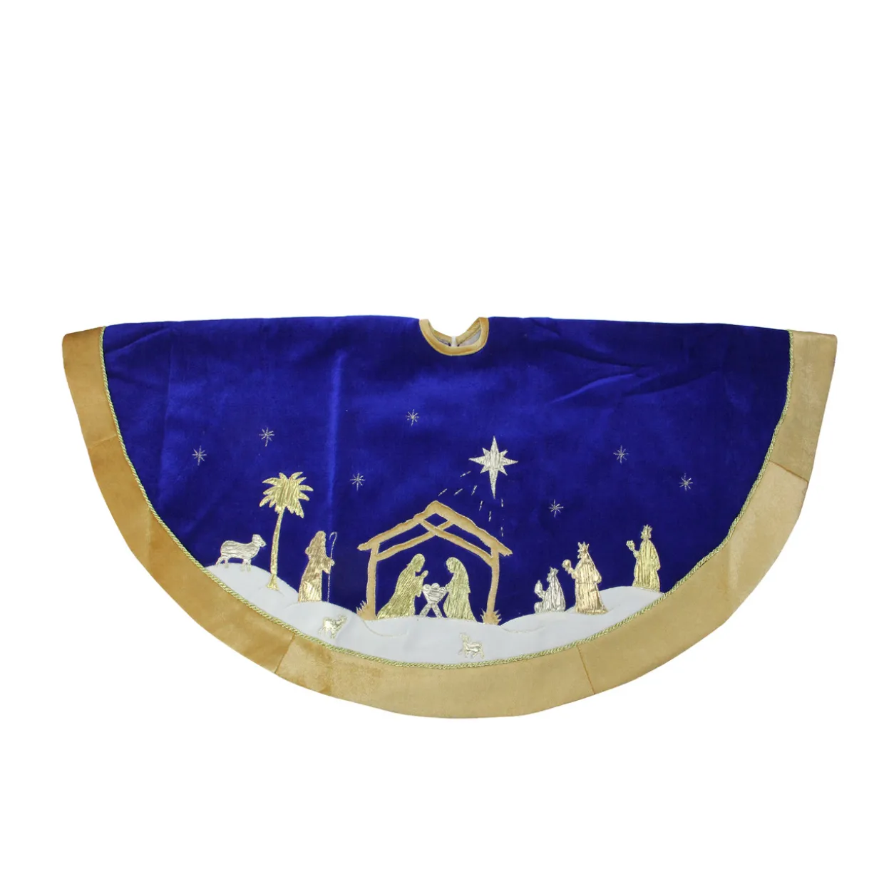 48" Blue and Gold Nativity Scene Christmas Tree Skirt with Gold Border