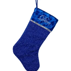 17" Blue and Silver Embroidered 'Diva' Christmas Stocking with Cuff