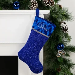 17" Blue and Silver Embroidered 'Diva' Christmas Stocking with Cuff