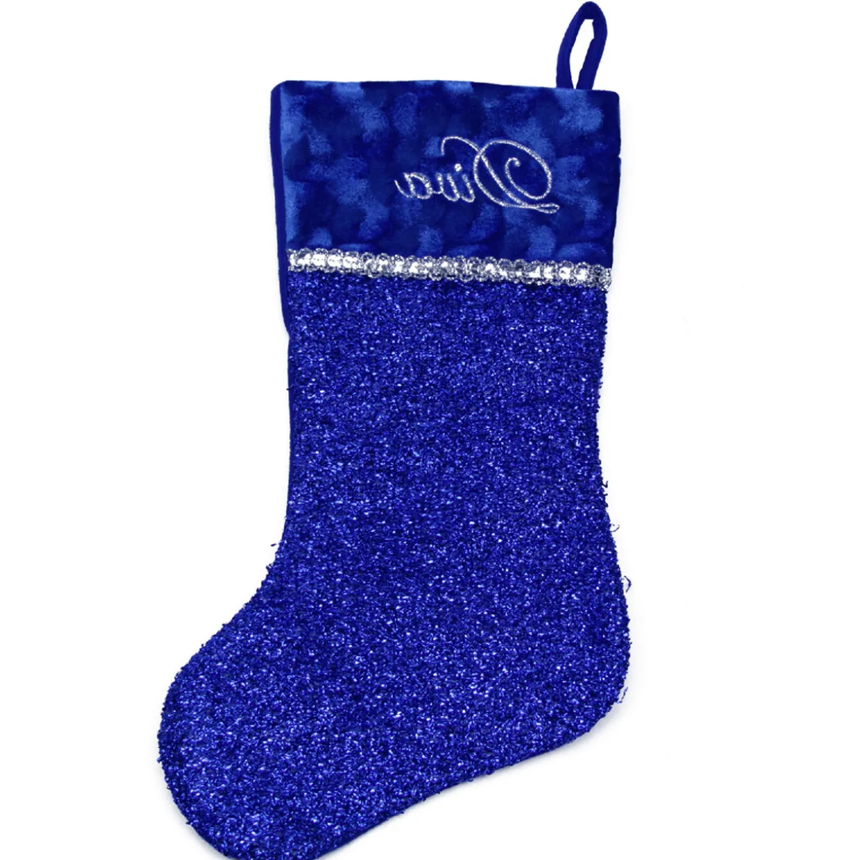 17" Blue and Silver Embroidered 'Diva' Christmas Stocking with Cuff
